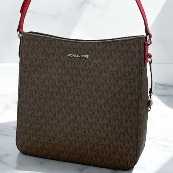 Michael Kors Large Jet Set Travel Messenger Crossbody Bag Brown/Red - Picture 1 of 9